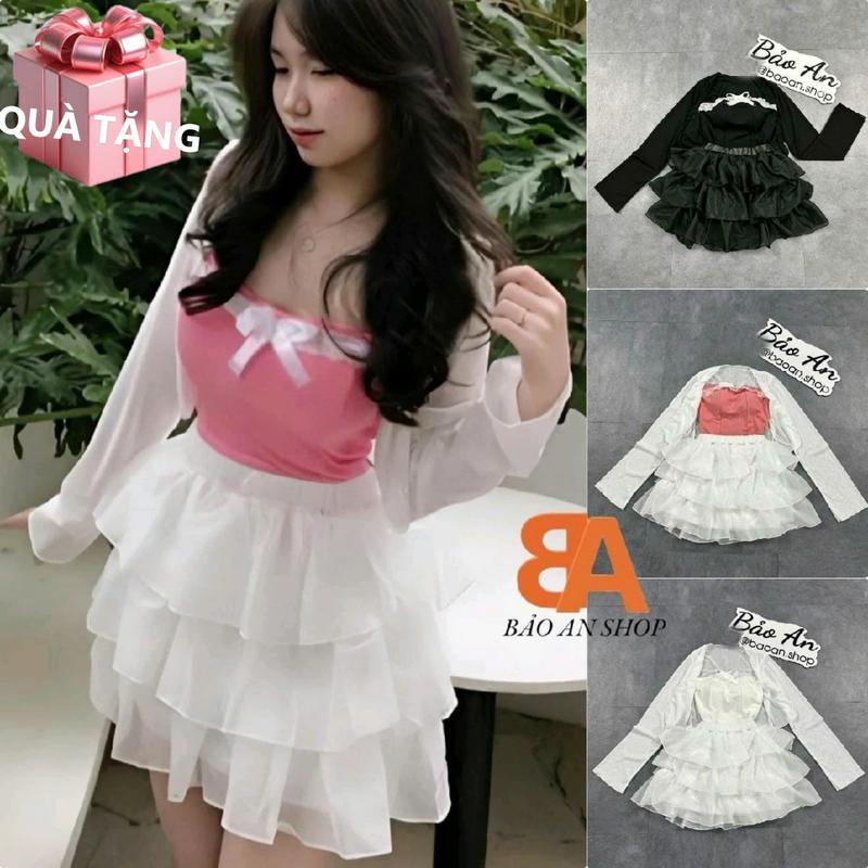 Sét bộ nữ 3 món Áo ống phối ren 2 lớp có mút ngực kèm chân váy voan và áo khoác giấy Nữ Voi Women Kem Sen