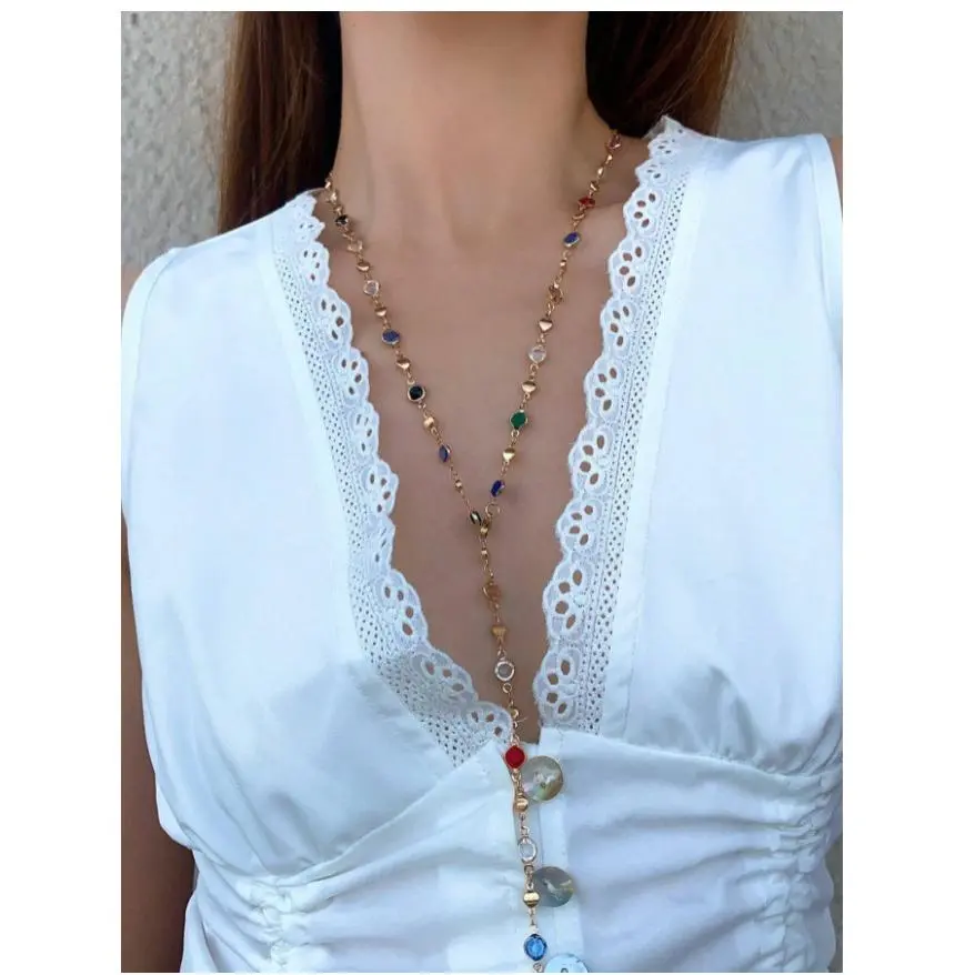 European and American Ornament Elegant Colorful Crystal Metal Clavicle Chain Necklace Simple Long Eye Necklace for Women