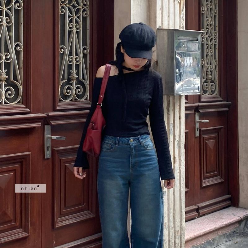 Mia Top - áo thun trễ vai nữ tặng kèm dây thiết kế tay loe dài nhiennhienvintage BA361 Women Trắng Sơ Mi Shirt 8