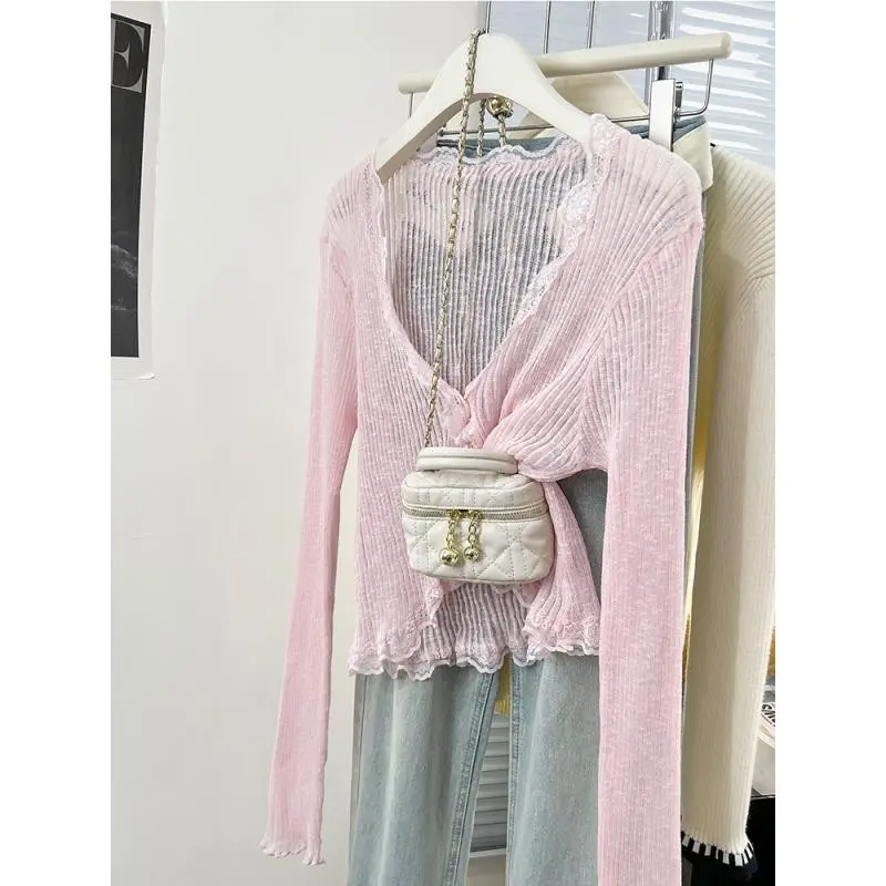 Lace Ruffle V-Neck Knitted Sunscreen Cardigan for Women New Summer Short Shawl Thin Coat