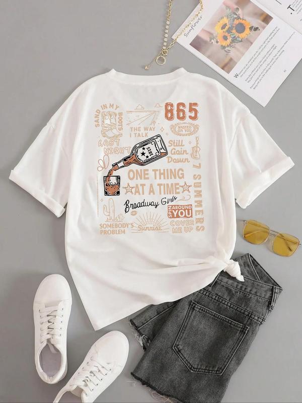 Women's Plain/Letter Print Round Neck Tee, Casual Graphic Short Sleeve T-shirt For Daily Wear, Ladies Summer Outfit 2