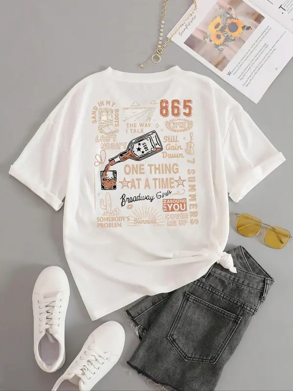 Women's Plain/Letter Print Round Neck Tee, Casual Graphic Short Sleeve T-shirt For Daily Wear, Ladies Summer Outfit 2