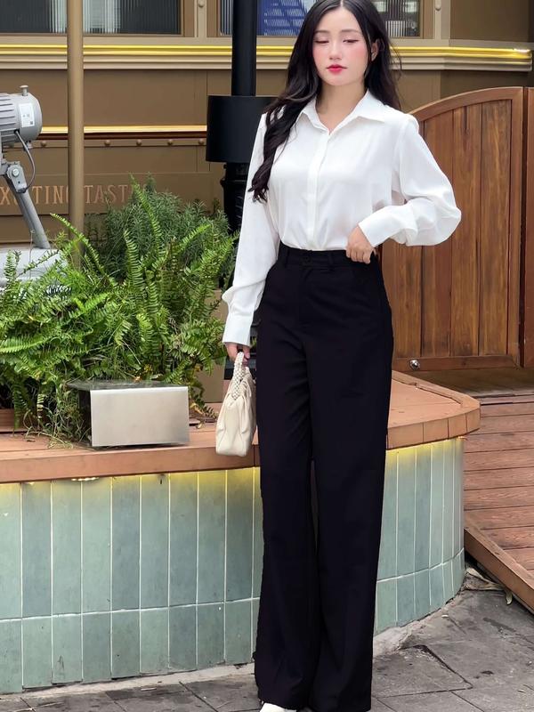 QT03 Quần ống suông cạp cao  cotton Hàn -Quần ống suông nữ công sở - quần ống suông cạp cao nhiều màu ( Đen-xám -nâu rêu-rêu nhạt-kem be-xám chì) Ong Women 1