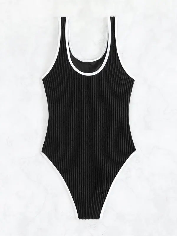 Women's Contrast Binding Ribbed One-piece Swimsuit, Solid Sleeveless Swimwear, Ladies One Piece Swimsuit for Summer Beach Holiday Vacation, Swim Bodysuit 3