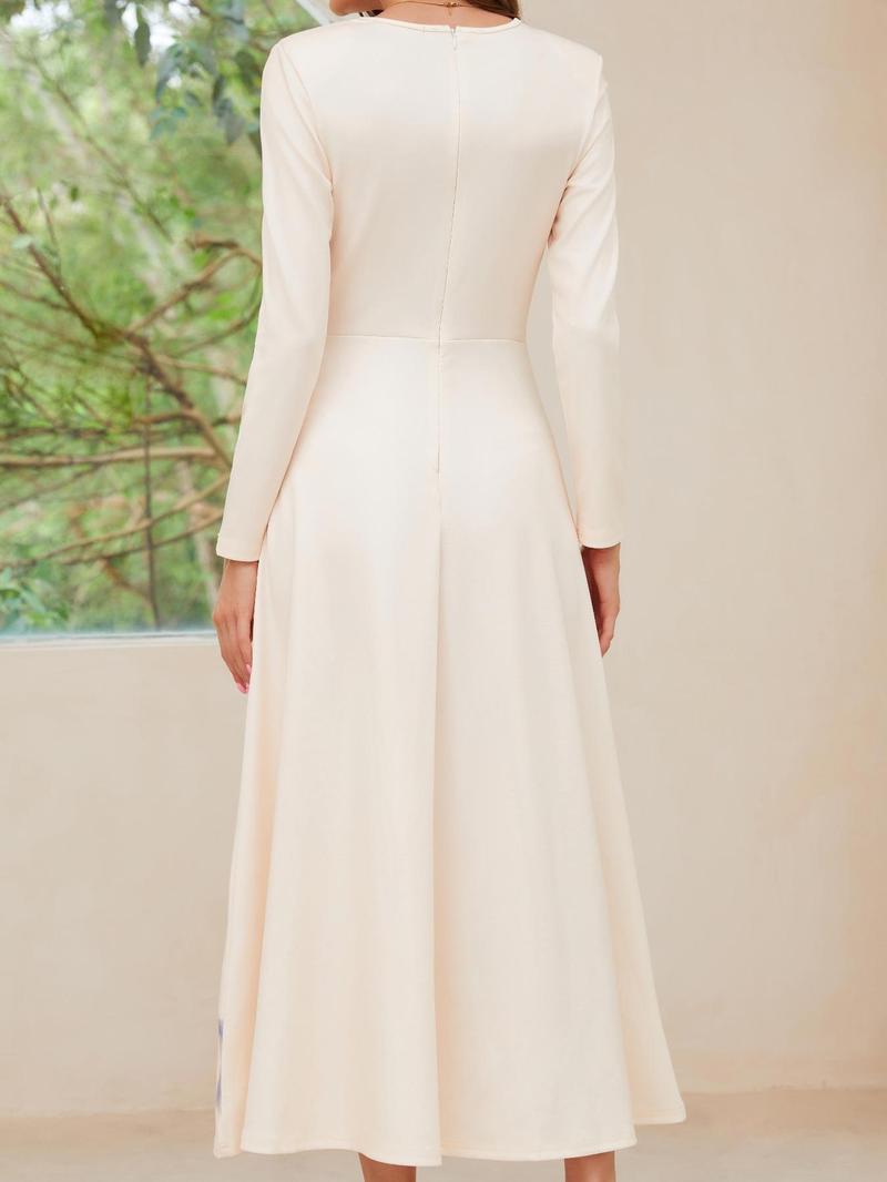 Product Introduction of Women's Ruched A Line Dress, Elegant Long Sleeve Round Neck Long Dress for Wedding, Graduation, Party, Ladies Fall & Winter Clothes 2