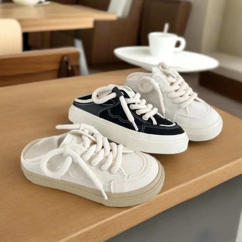 [Hot Sale] Heel Step-On Half-Slip Canvas Shoes for Women Spring New Niche Original Versatile White Shoes to Match with Dresses Casual Women's Shoes