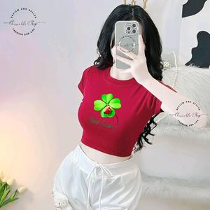 Áo Thun Croptop Borip Ôm Body Nữ Form Basic Cổ Tròn Tay Ngắn In Hình Cỏ Bốn Lá, Kích Cở S M L, Áo Croptop Ôm Body Nữ Áo Kiểu Xinh Đẹp In Hình Độc Lạ Đi Biển Đang Hot 2025 Mặc Hè Mặc Nhà Mặc Đi Chơi Thoải Mái Có Bigsize Đến 65kg