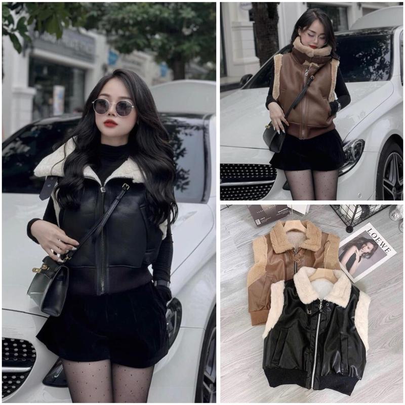 Sẵn Hàng Áo Gile Da Lót Lông Khoá Kéo Mix Cổ Bẻ Sang Chảnh Nữ Voi Top Women