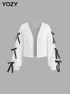 YOZY Women's Plain Bow Decor Drop Shoulder Cardigan, Casual Long Sleeve Open Front Knitwear for Daily Wear, Ladies Clothes for Spring & Fall