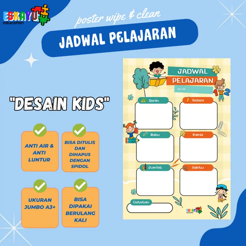 POSTER JADWAL PELAJARAN WIPE AND CLEAN / poster sekolah anak 5