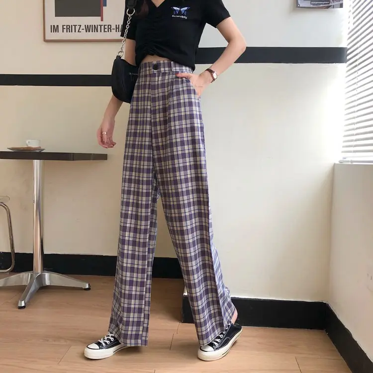 Celana Tartan Wanita Panjang Kulot Kotak-Kotak Casual Kancing Depan 1099 2