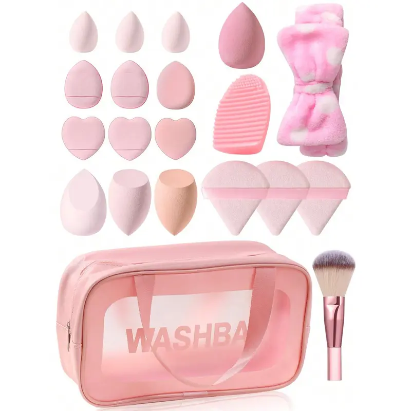 Travel Makeup Tool Set, Including 4 Blender & 3 Mini Blender & 3 Triangle Powder Puff & 6 Finger Powder Puff & 1 Headband & 1 Washing Egg & 1 Brush & 1 Bag 2