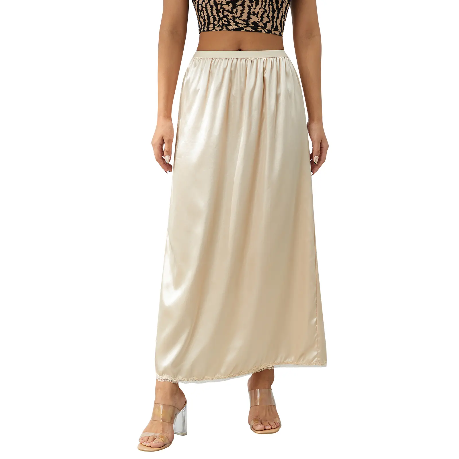 Women Half Slip Underskirt, Solid Color Elastic Waist Inner Lining for Midi Skirt, Long Underskirt for Ladies, S/M/L/XL/XXL