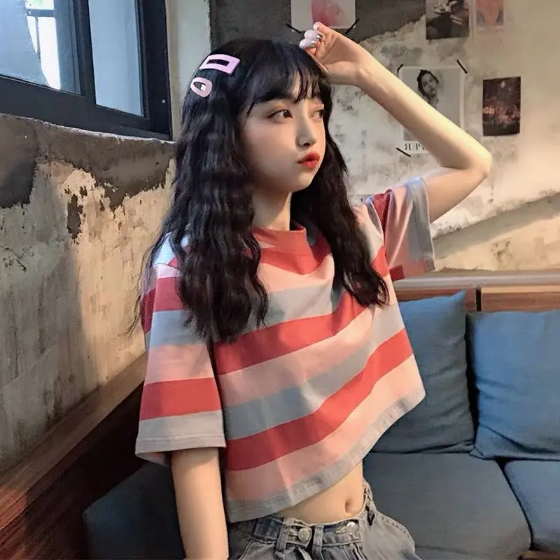 Áo Croptop Dáng Rộng Dễ Phối Đồ Phong Cách Preppy Hàng Mới Về Mùa Hè 2024, Dành Cho Học Sinh, Sọc Màu Tương Phản, Phong Cách Ngắn, Cổ Tròn, Áo Thun ngắn Tay Áo Nữ Women Dáng Ngắn