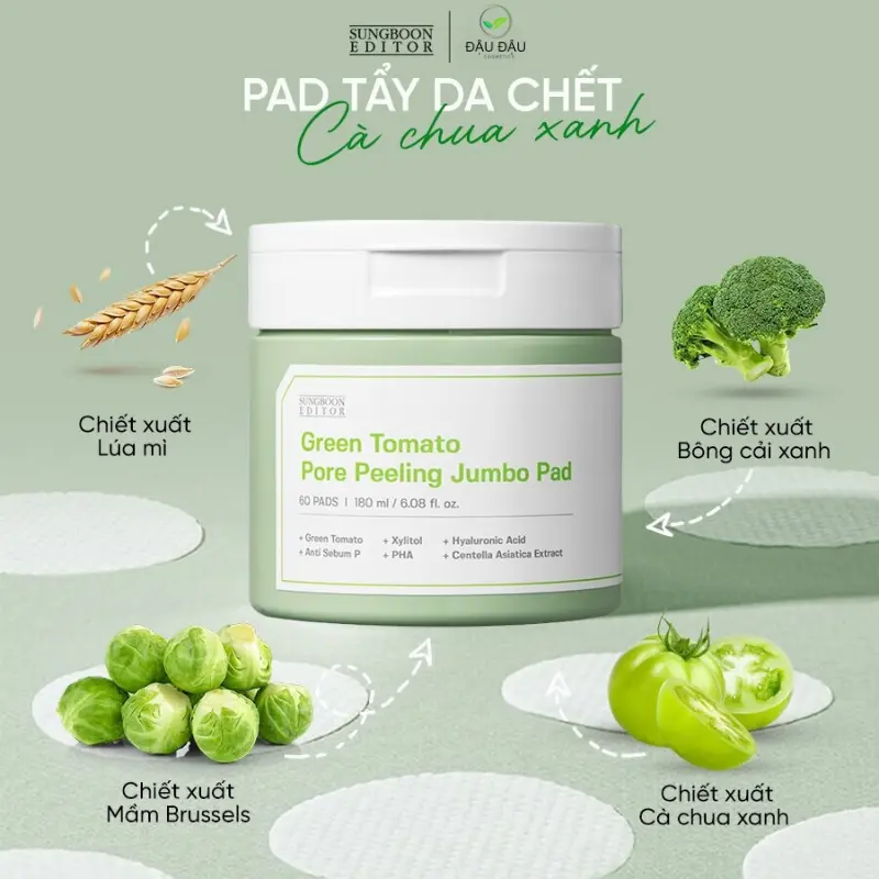 Pad Tẩy Da Chết Cà Chua Xanh SUNGBOON GREEN TOMATO PORE PEELING JUMBO PAD 180ML Women Nữ
