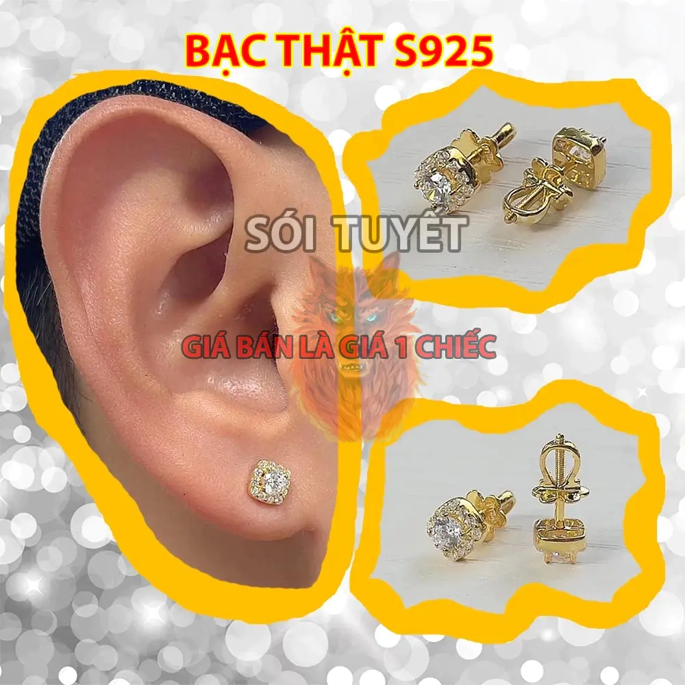 Khuyên tai nam nữ bạc thật S925 khuyên tròn đính đá giá rẻ - Hoa Bông tai | Sói Tuyết STJ TỔNG HỢP MẠ VÀNG 18K