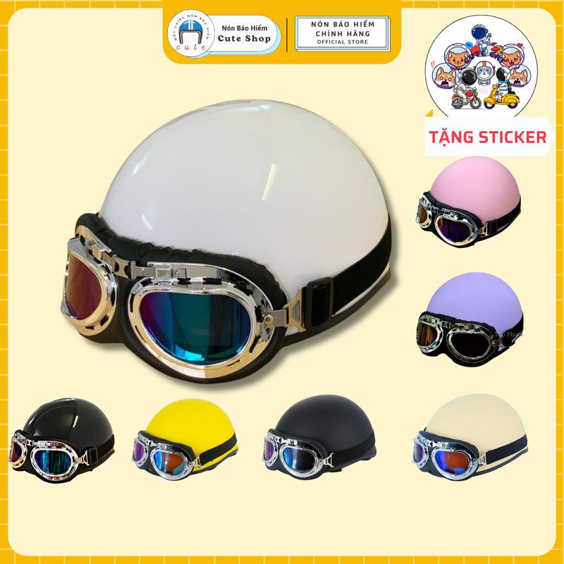 Nón Bảo Hiểm Trơn Màu Kèm Kính Phi Công, Mũ Bảo Hiểm Nửa Đầu Kèm Kính Phi Công CUTE SHOP