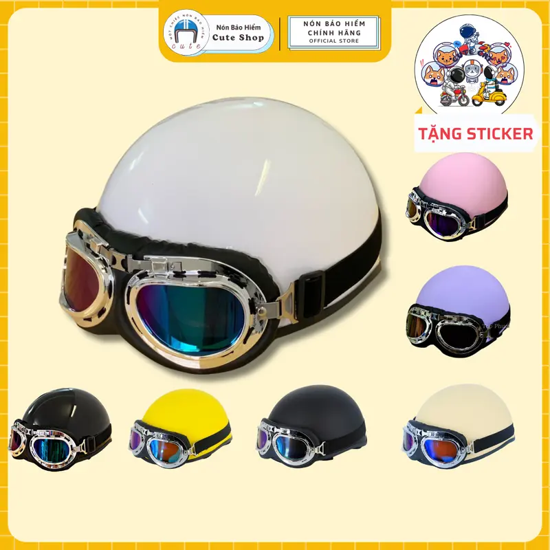 Nón Bảo Hiểm Trơn Màu Kèm Kính Phi Công, Mũ Bảo Hiểm Nửa Đầu Kèm Kính Phi Công CUTE SHOP 0