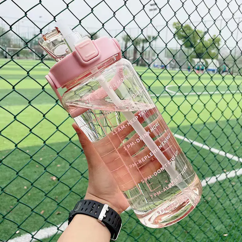 Bình Nước Có Ống Hút, Dung Tích 2L, Bình Nước Cầm Tay Có Điểm Đánh Dấu Thời Gian