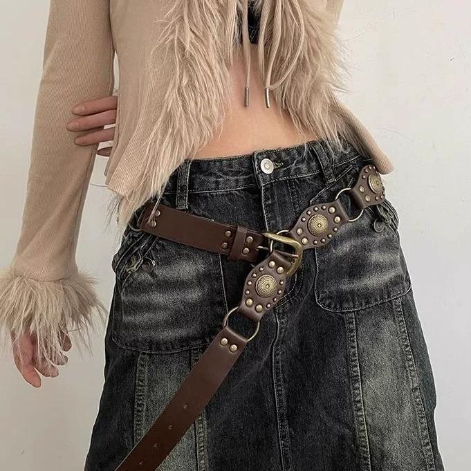 Thắt lưng/nịt da nâu y2k phụ kiện vintage
