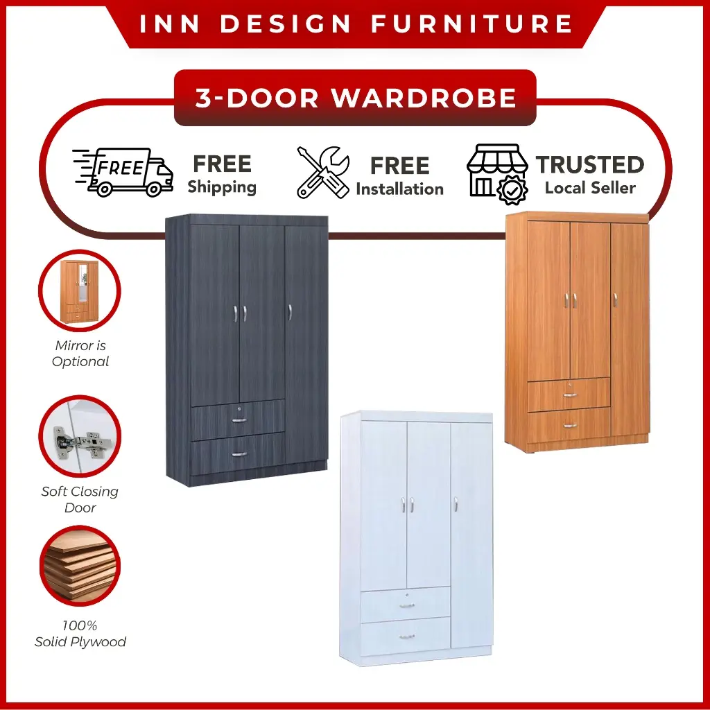 INNDESIGN Solid Plywood 45 Inch Soft Closing 3 Doors Wardrobe With / Without Top Shelf