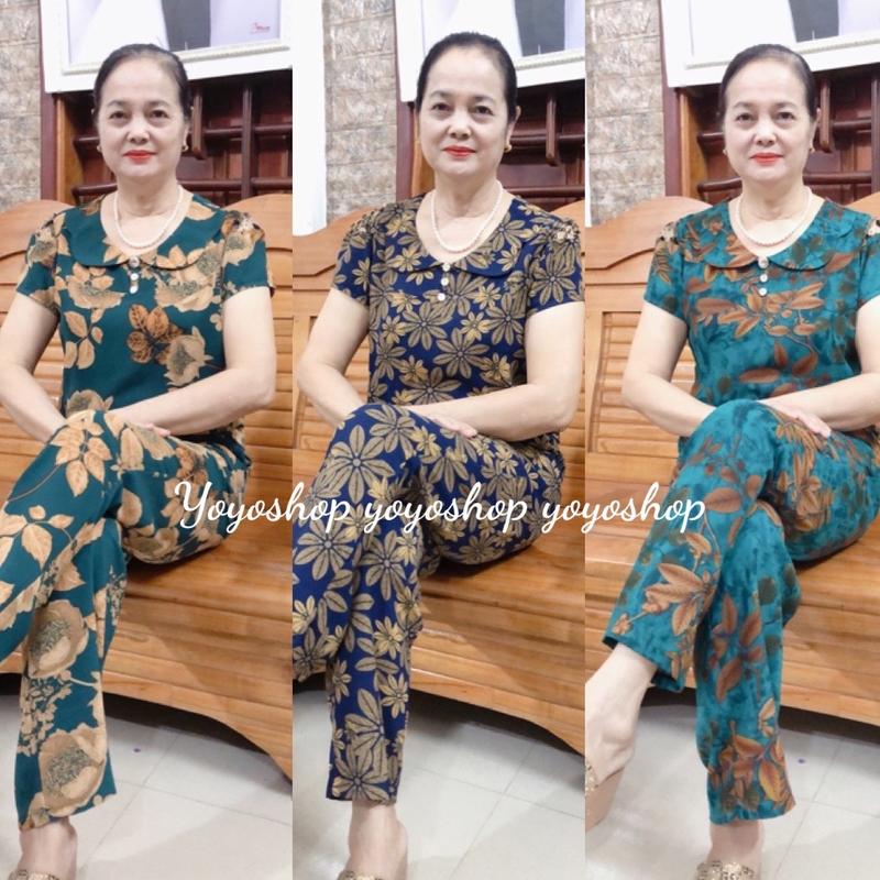 CB1 Bộ Đồ Trung Niên Quần Dài Tay Cộc  Cát  Lụa Hàn Châu Hoa Văn Nhã Nhặn Sang Trọng Thiết Kế Cho Mẹ Cho Bà Nữ Women