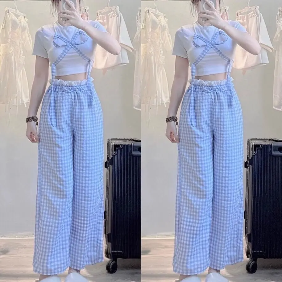 Set bộ áo croptop nơ kèm quần suông kẻ cạp cao  Nữ