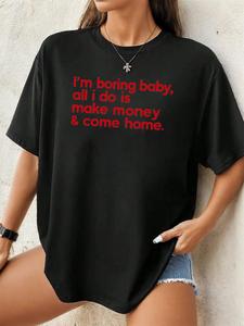 ImprinTee Women's Letter Print Round Neck Tee, Casual Drop Shoulder Half Sleeve T-shirt, Ladies Summer Outfit for Daily Wear