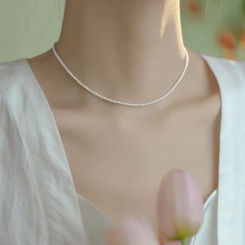 Vòng cổ trai tròn nhỏ 3,7mm viên tương đối đồng đều