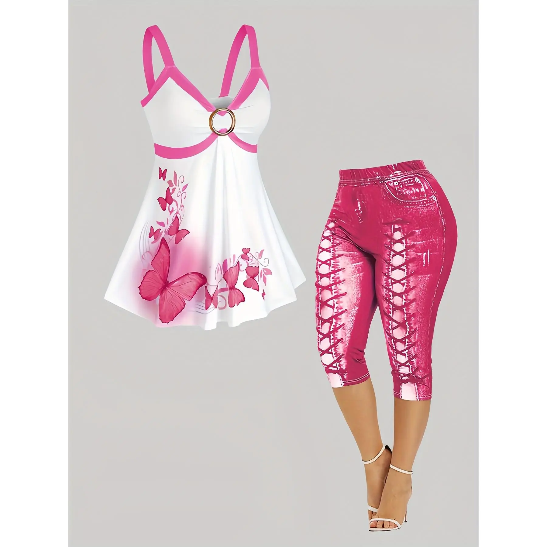 Women's Casual Butterfly Print T-Shirt and Leggings Suit, Polyester Blended with Elastic, Loose Fit, Machine Washable Loungewear Pajama