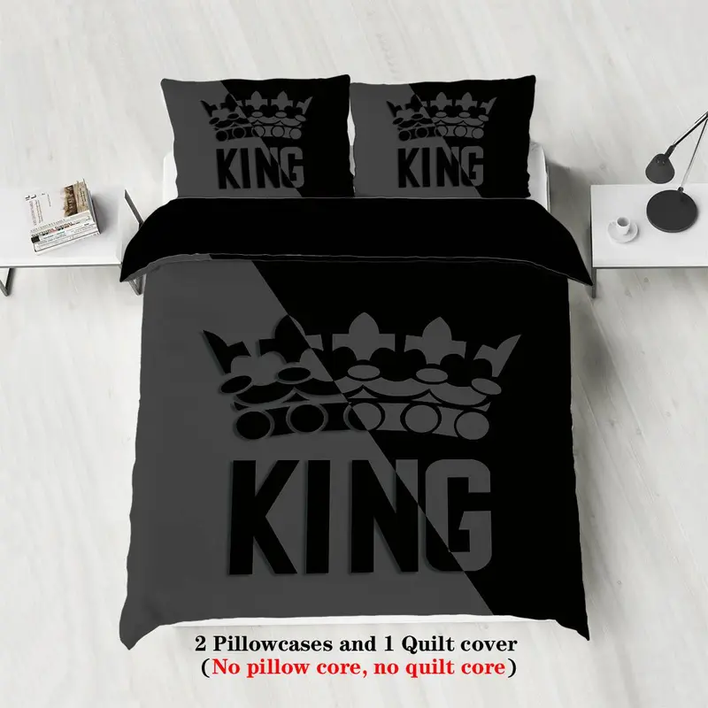 Crown Letter Print Bedding Set, 3 Counts/set Including 1 Duvet Cover & 2 Pillowcase, Soft Comfortable Bedding Set for Home Bedroom 3