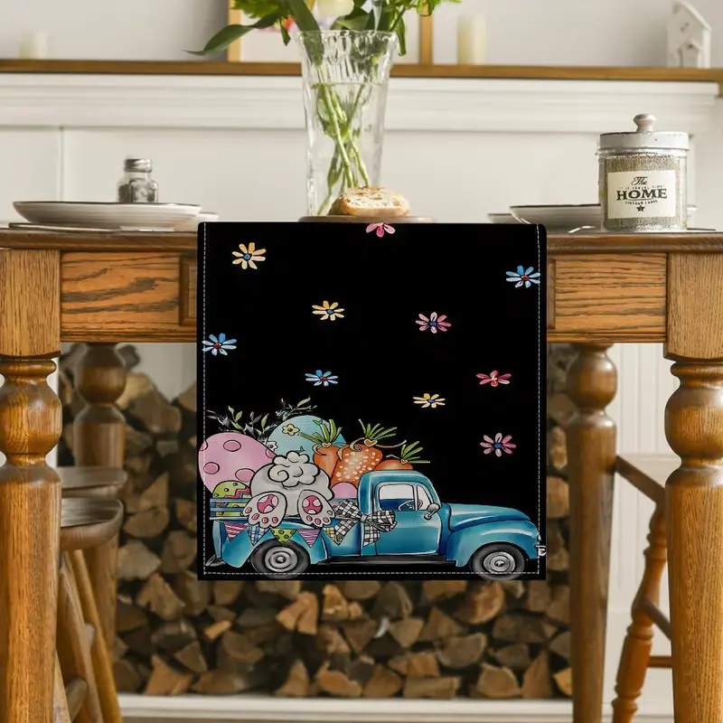 Easter Truck Pattern Table Runner, 1 Count Colorful Lovely Tablecloth, Table Decoration Supplies for Home Kitchen Dining Room Holiday Party 4