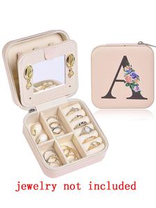 Letter & Floral Pattern Printed Jewelry Storage Box, Portable Jewelry Organizer with Mirror, Travel Jewelry Box, Bridal Proposal Gift Engagement Gift Accessories, without Jewelry
