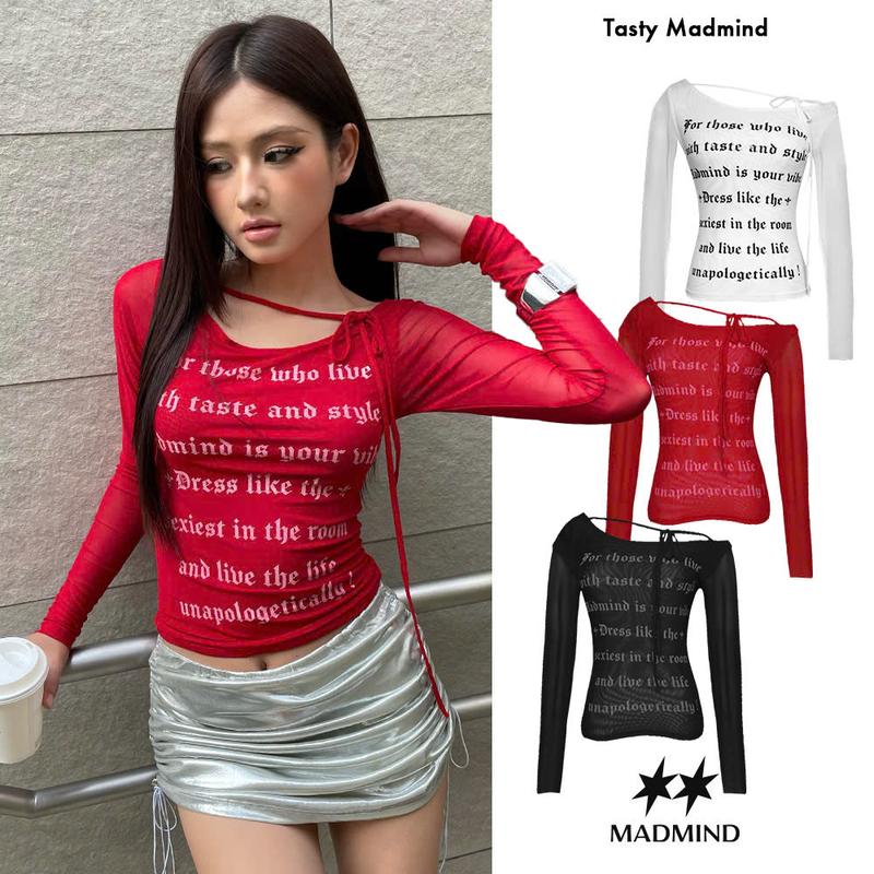 Áo Nữ Trễ Vai Ôm Body Tay Dài Thun Lưới Họa Tiết In Tasty Top MADMIND - Áo Lệch Vai Màu Đen / Trắng / Đỏ Women