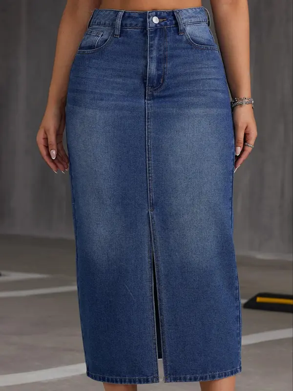 Women's Split Hem Bodycon Denim Skirt, Fashion Casual High Waist Midi Skirt for Daily Outdoor Wear, Ladies Bottoms for Summer 2