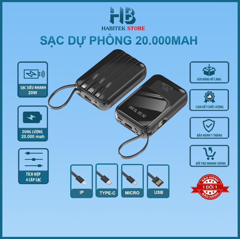 Sạc Dự Phòng 20000mAh Tích Hợp 4 Cổng Sạc , Đèn Led Hiển Thị Dung Lượng PiN Phụ Kiện Pin Dự Phòng