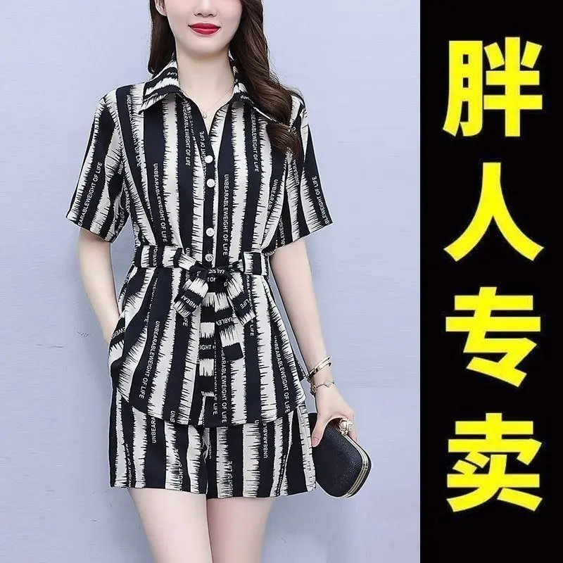 Bộ Áo Sơ Mi Và Quần Đùi Ngoại Cỡ Thời Trang, Xếp Nếp Sọc, Trang Phục Mùa Hè Cho Mẹ, Phong Cách Trẻ Trung Và Bó Sát, Quần Áo Nữ Hai Mảnh, Thu Thập Bởi 1066 Người