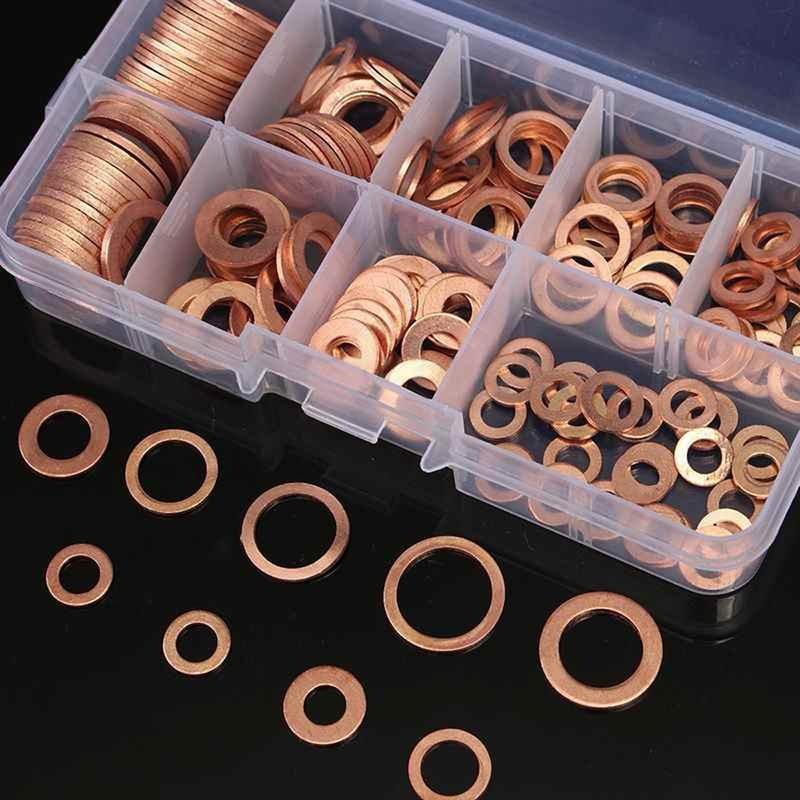 200pcs Copper Washer Gasket Nut and Bolt Set Flat Ring Seal Assortment Kit with box M5-M14 Electrical Woodworking Washers Sets 6