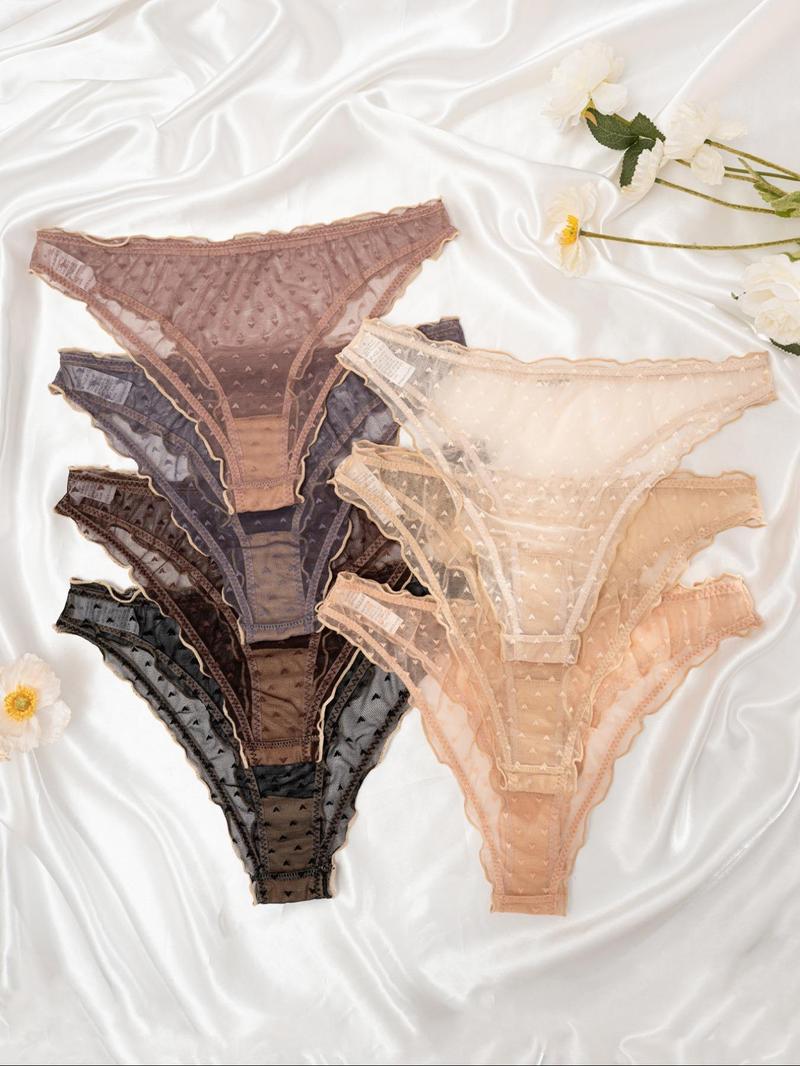 Product Introduction of Women's Heart Print Lettuce Trim Sheer Panty, Elegant Soft Comfy Breathable  Thong Knicker for Daily Wear, Underwear for All Seasons 12