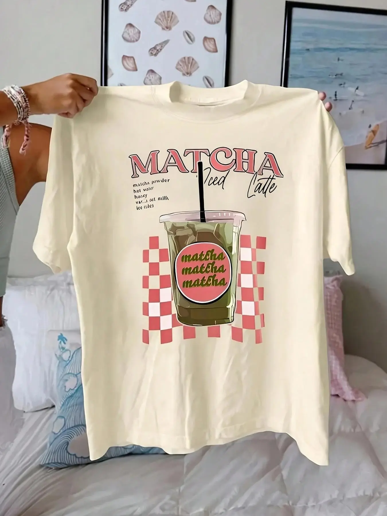 Women's Matcha Latte Round Neck Graphic Tee, Vintage Trendy Casual Short Sleeve T-shirt for Daily Wear, Ladies All Seasons Outfit, Top