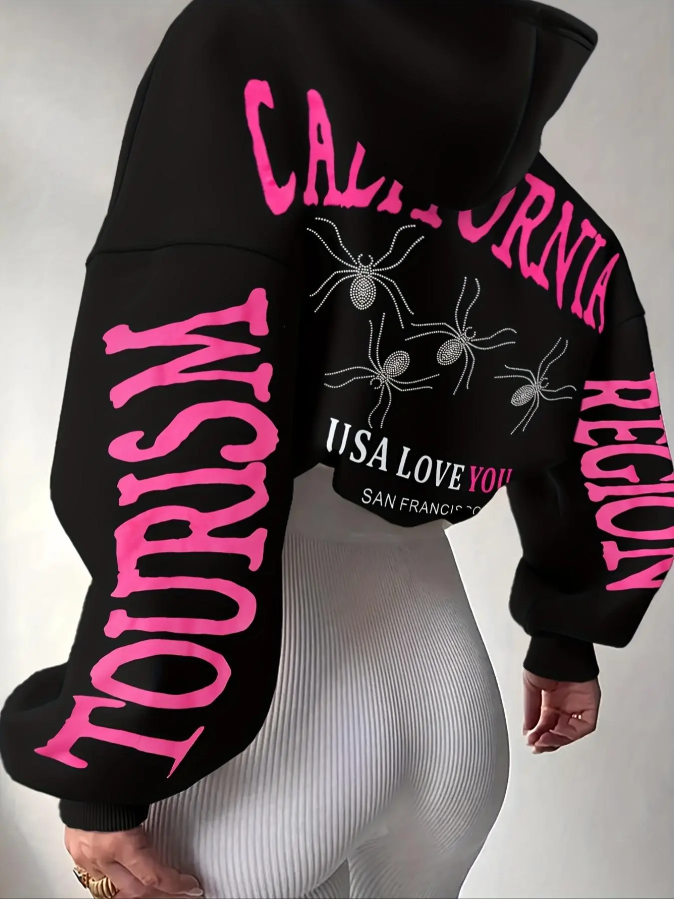 Women's Spider & Letter Print Drop Shoulder Thermal Lined Hoodie, Fashion Casual Long Sleeve Hooded Sweatshirt for Daily Holiday Outdoor Wear, Ladies Clothes for All Seasons