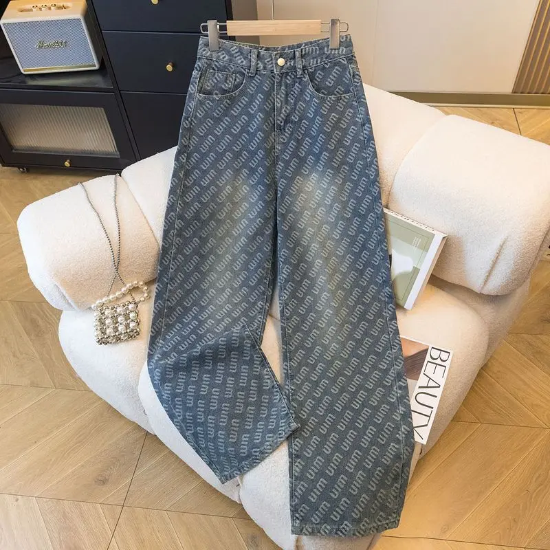 Quần Jean quét đất nhà thẳng in hình, dành cho phụ nữ, thiết kế mới đẹp, chữ Jacquard, quần ống rộng Dáng Rộng thích hợp cho mùa thu, năm 2025 Pants 0