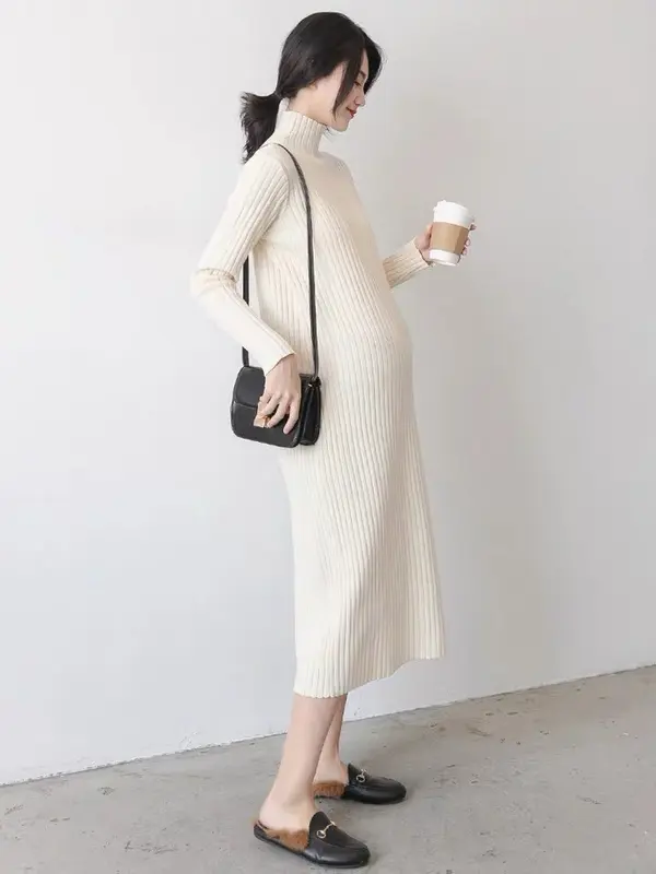 đầm bầu TKUTRANG CHẤT  len thun gân phong cách Hàn Quốc T-rang sang chảnh Váy bầu dài tay đi tiệc đám cưới dáng suông 5