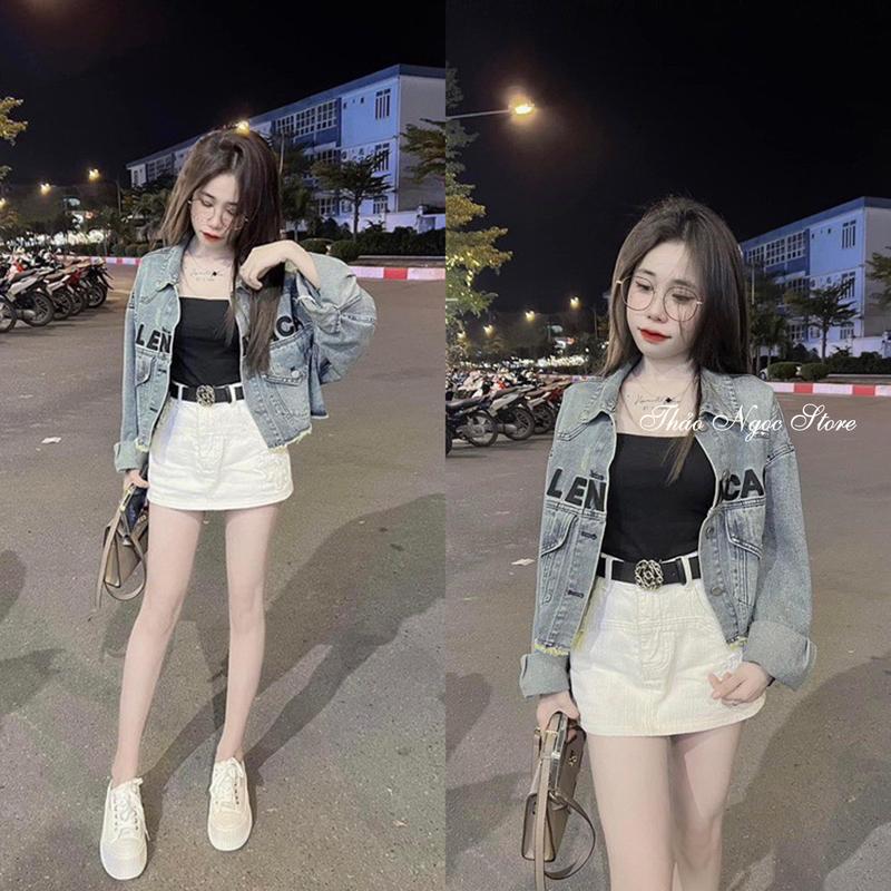 Áo khoác jean nữ thêu chữ line tua form croptop dài 43cm- THẢO NGỌC STORE Women Bò