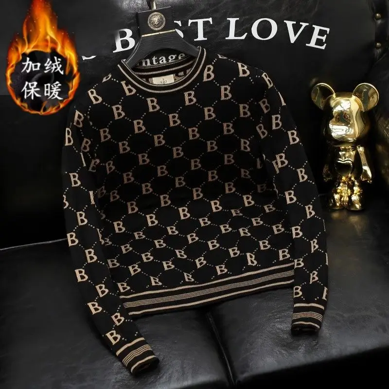 European Station Round Neck Jacquard Design Slim Fit Korean Style 2024 Winter Warm Cool Men's Base Shirt Closed