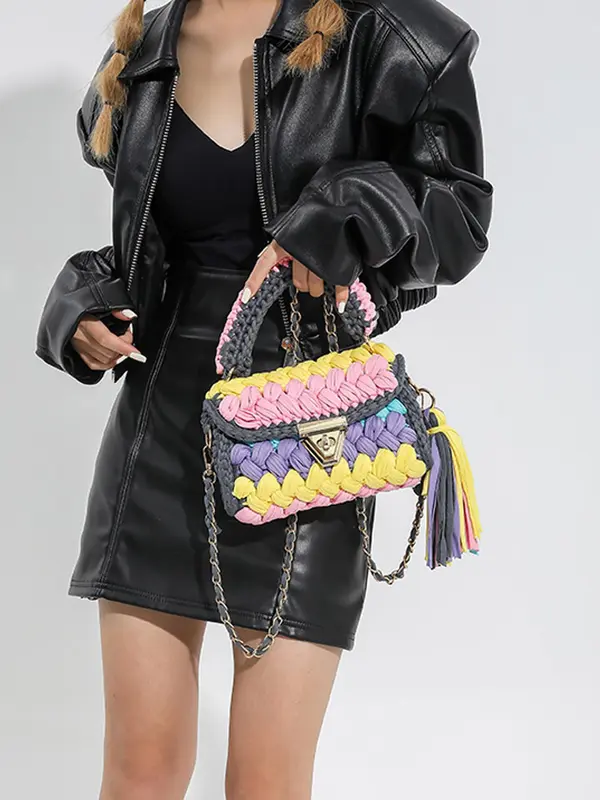 Women's Colorblock Braid Crochet Design Handbag, Fashionable Tassel Decorated Crossbody Bag for Daily Used, Casual Trendy Versatile High-quality Daily Commuting Bag 4
