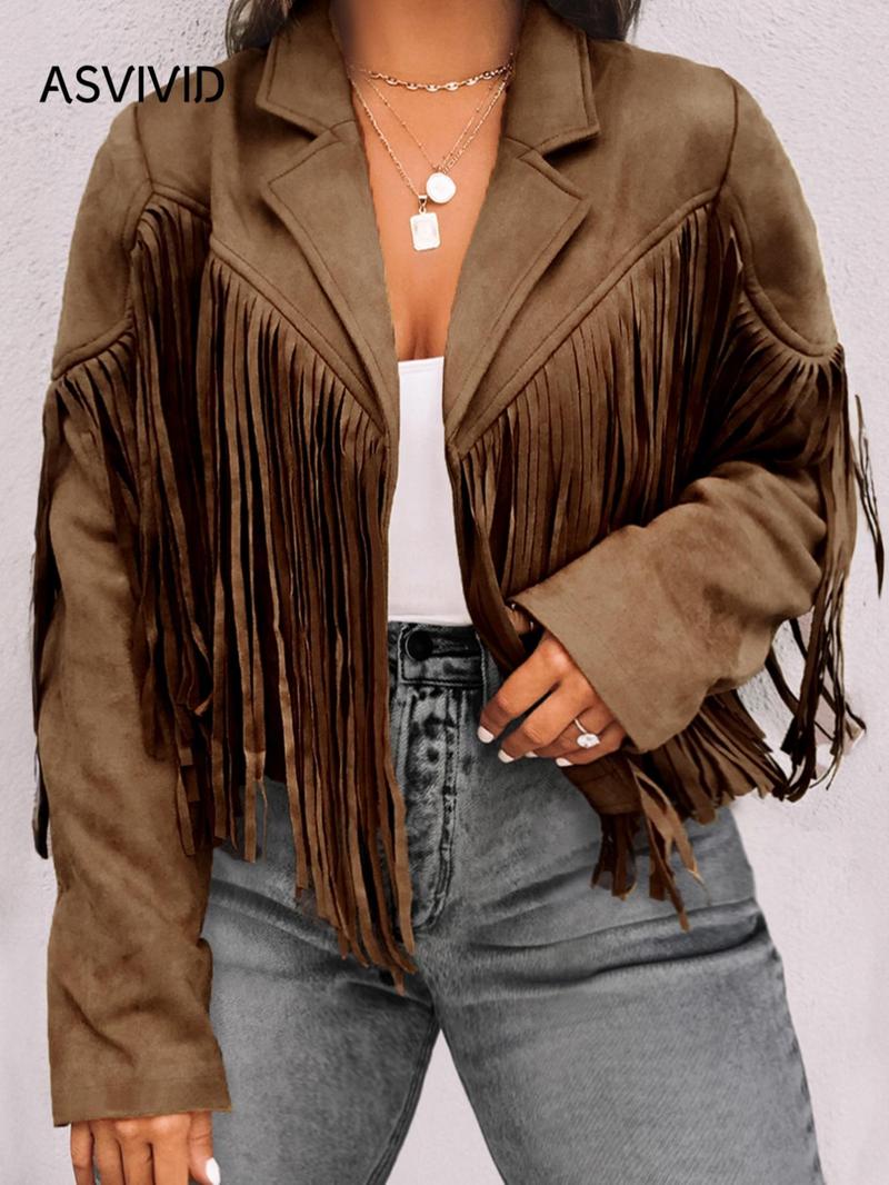 Product Introduction of 【Plus Size】 Fringe Trim Lapel Collar Jacket, Casual Long Sleeve Open Front Outerwear for Spring & Fall, Women's Clothes for Daily Wear 5