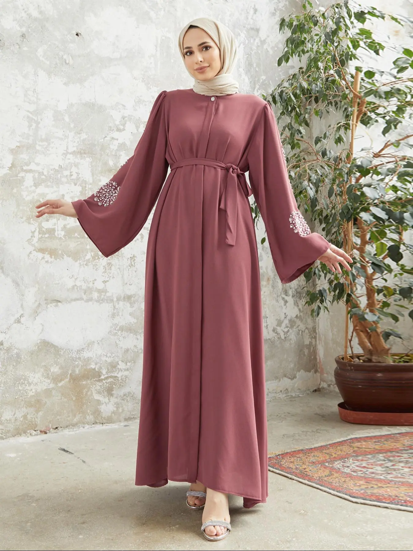 Women's Faux Pearl & Rhinestone Decor Button Front Belted Dress, Elegant Long Sleeve Round Neck A Line Dress for Party Holiday Wedding Guest, Ladies Clothes for All Seasons