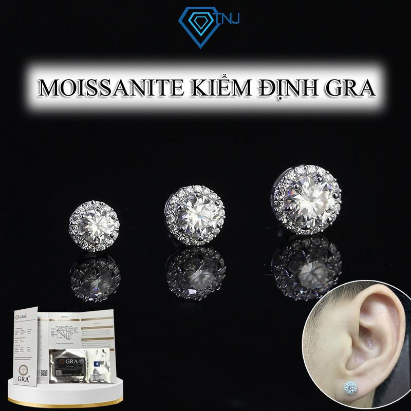 Khuyên tai bạc kim cương Moissanite nụ tròn bản 6mm 7mm 8mm xi bạch kim bông tai nam bạc chốt đẩy kiểm định GRA BTAM0027 - Trang Sức TNJ