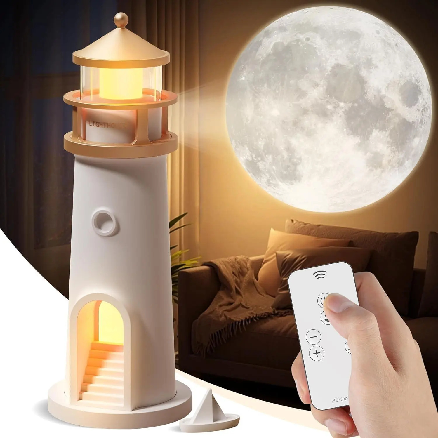 Moon Lamp Projector Night Light, Lighthouse Decor Light with Bluetooth-compatible Speaker, Rechargeable LED Aesthetic Table Lamp for Boys Girl